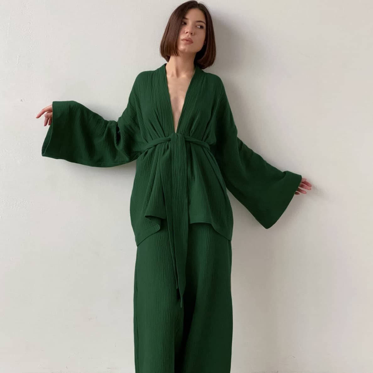 Cotton Casual Kimono Custom logo Lantern Sleeves Long Nightgown Wholesale Stylish Solid Color Pajamas Factory Directly
