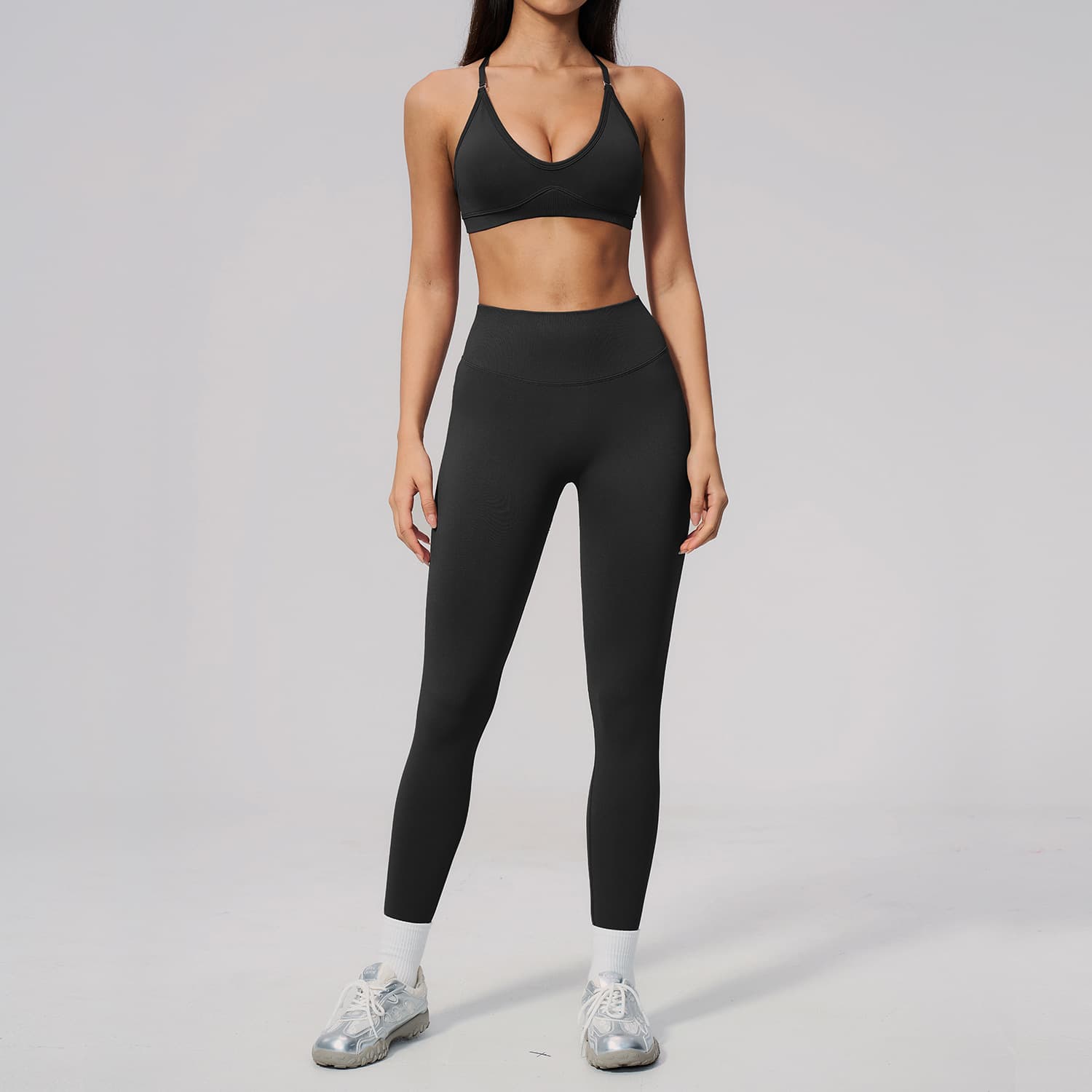 New Seamless Knitted Exercise Suit Cross Back Wrap High Waist Fitness Running Yoga Suit Women 3597