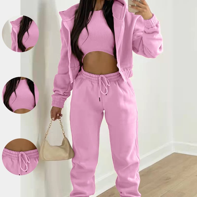2026 New Spring Women's European And American Fashion Sports Suit Casual All-match Fleece Sweatshirt Hooded Three-piece Set