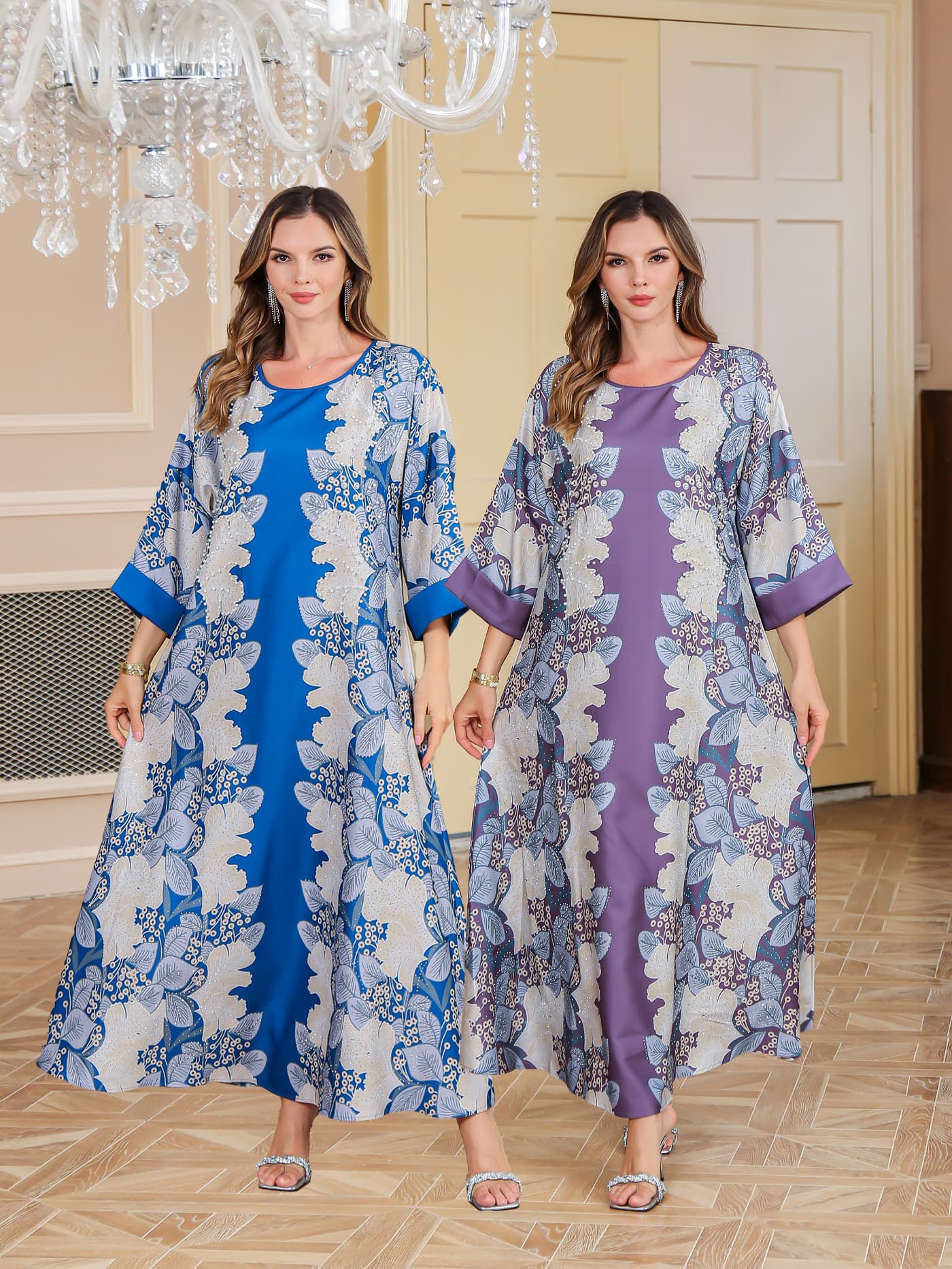 Summer New Spot Print Hot-drilled Long Dress Four-sided Elastic Loose Dress Elegant Women's Robe
