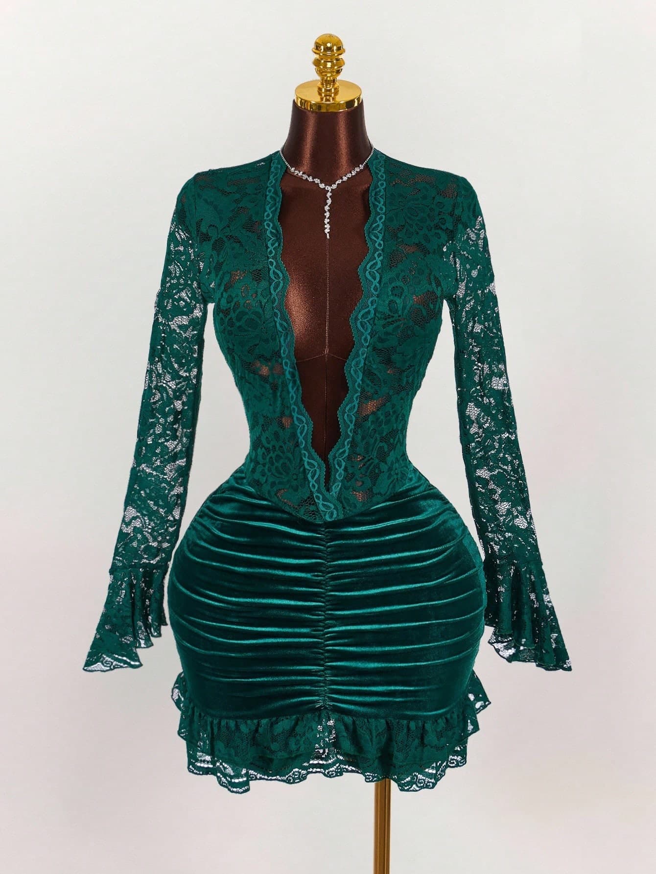 European And American New Cross-border Fashion Elegant Long Sleeve Lace Stitching Solid Color Folded Deep V Package Hip Skirt Dress Women