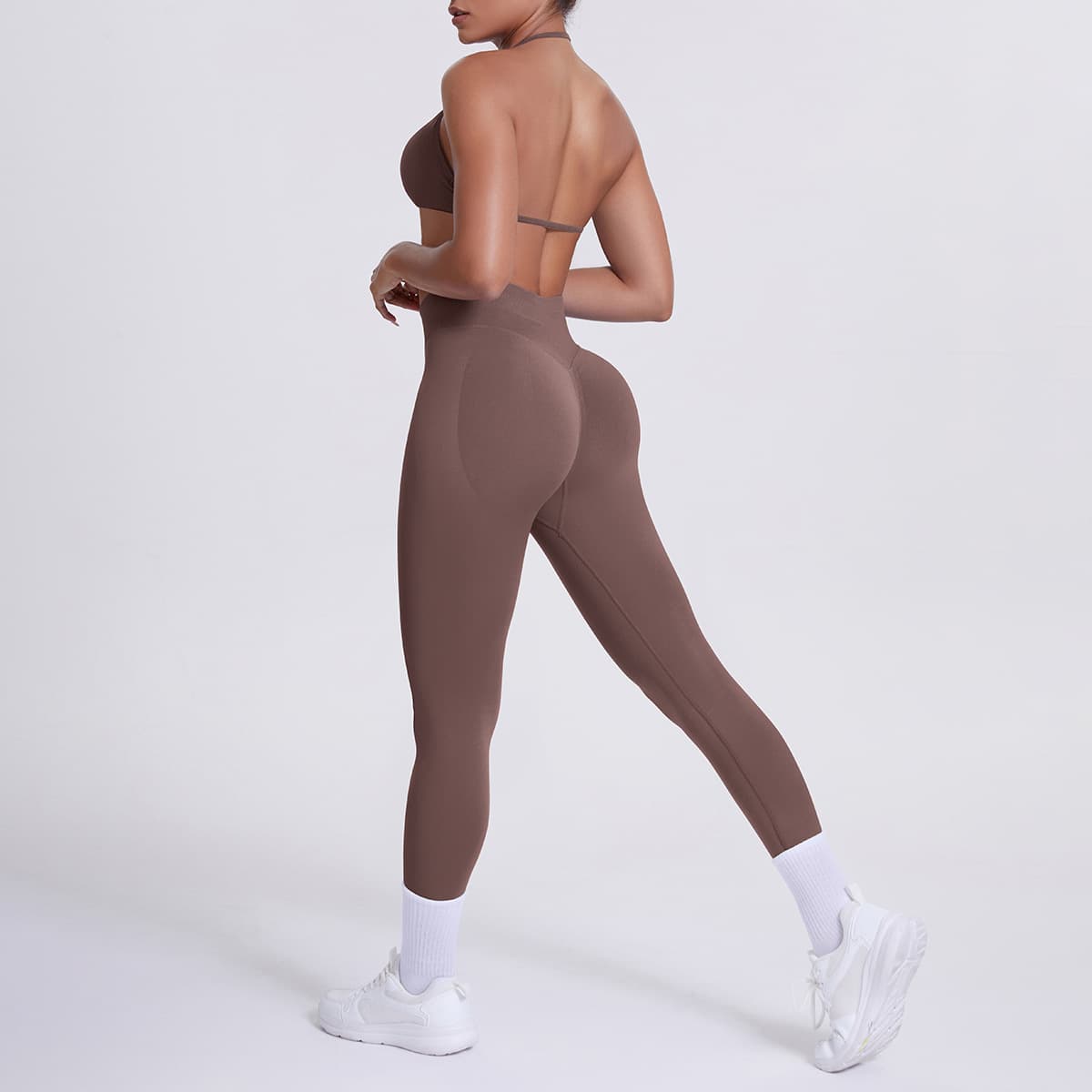 Cross-border Seamless Solid Back Beauty Neck Hanging Bra Long Pants Yoga Clothing Set Body Fit Running Fitness Exercise Two Piece Set