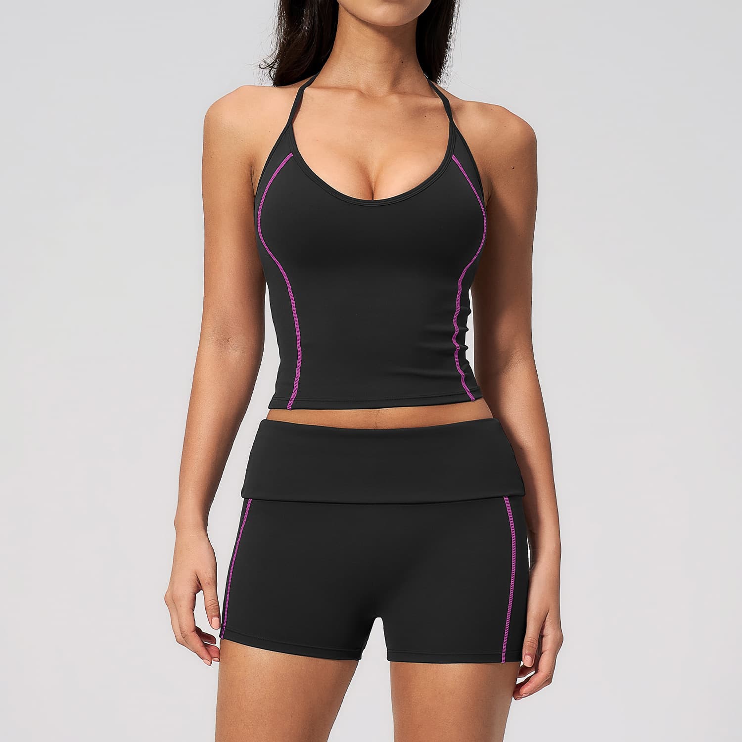 New Cross Border Fashion Yoga Clothing Set Hanging Neck V-neck Waist Tilt Slim Contrast Exercise Suit 4533