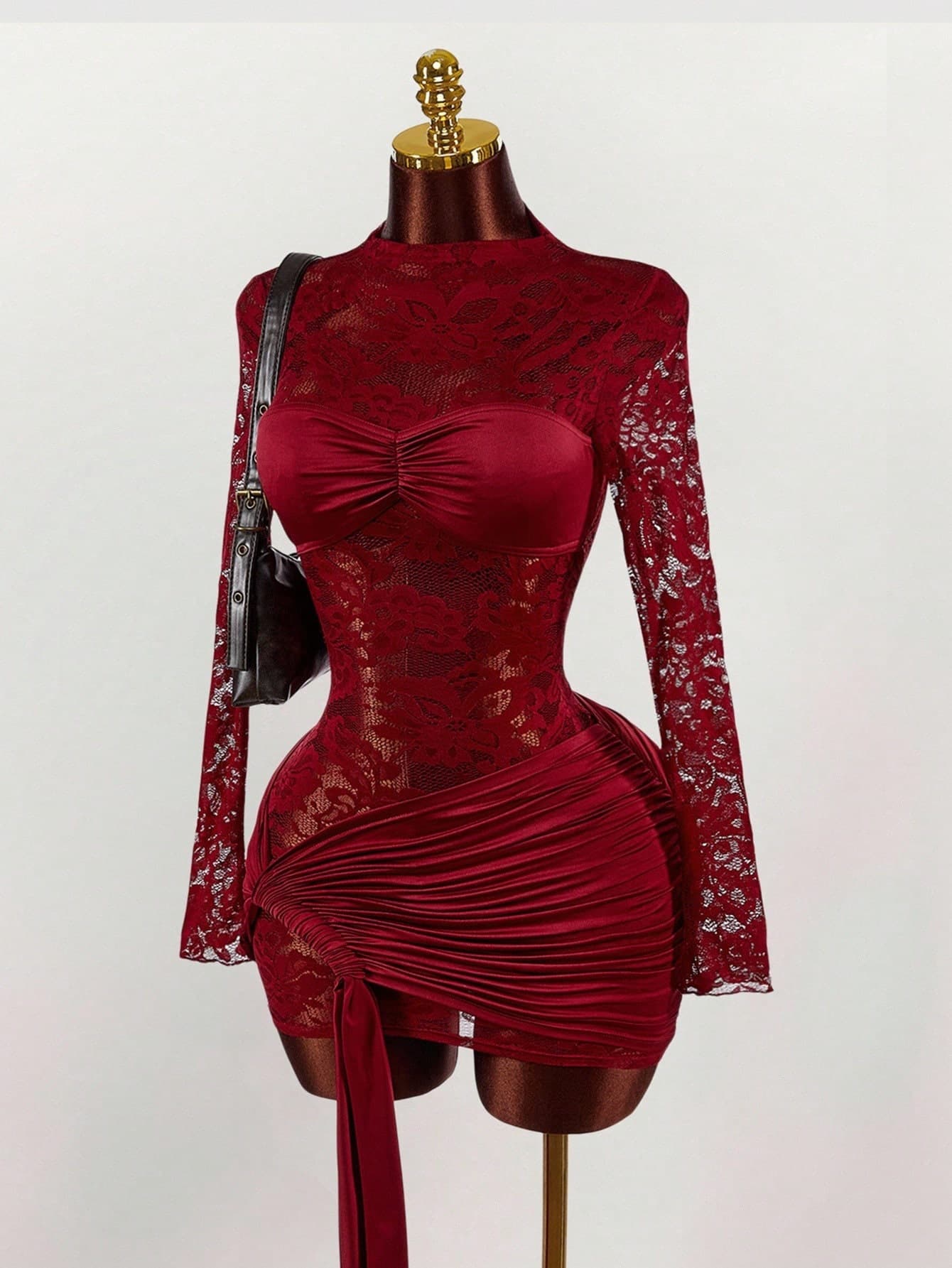 European And American New Style Foreign Trade Temperament Lace Hollow Out Perspective Splicing Solid Color Slim Sexy Striped Short Dress Women