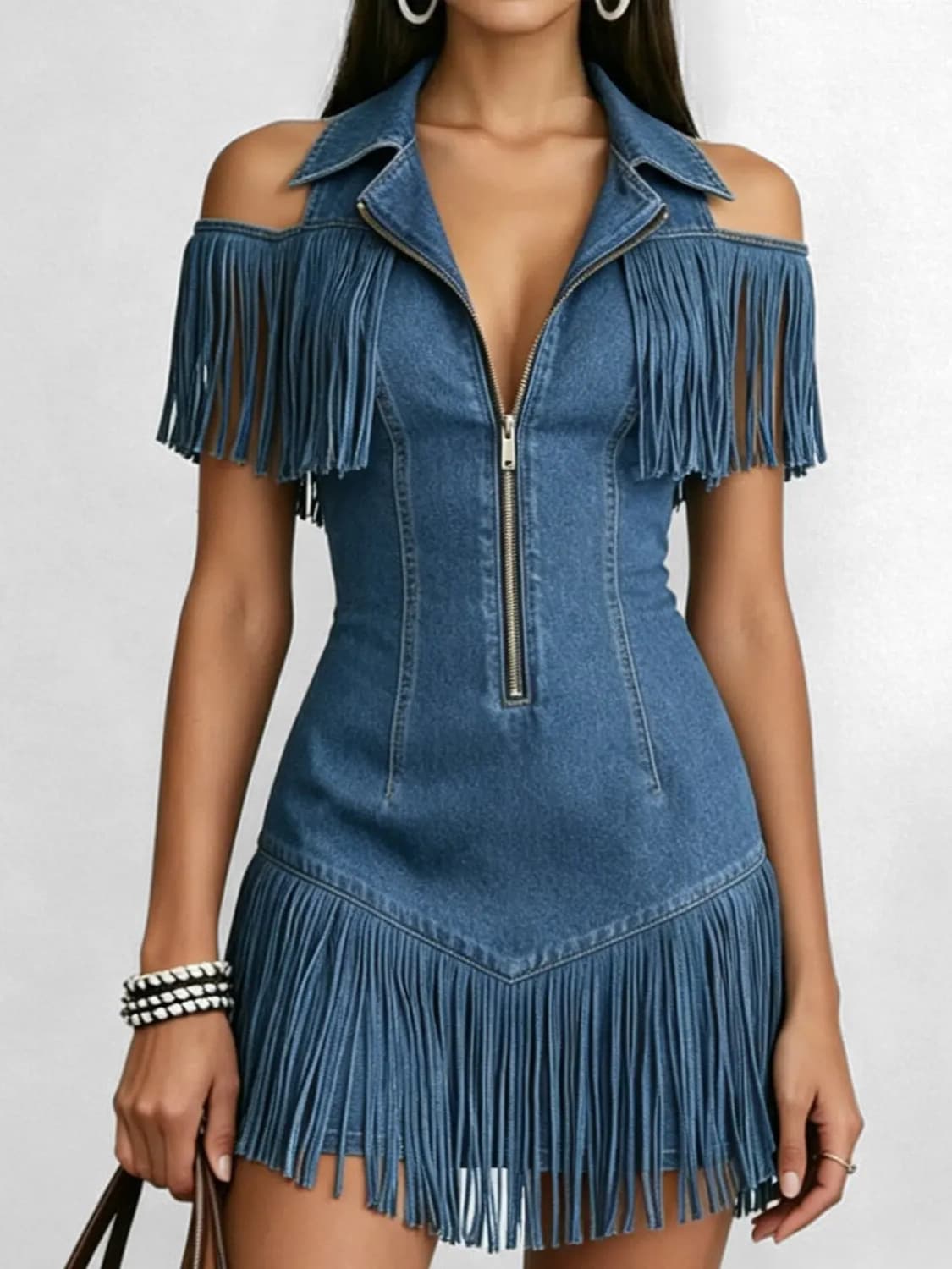 New 2026 European And American Cross-border Foreign Trade Women's Slim Western Denim Tassel Mini Dress