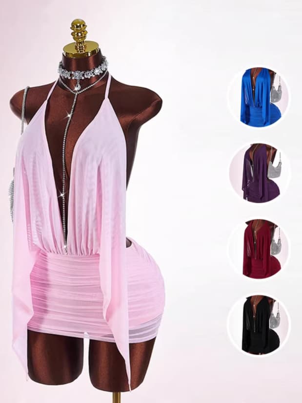 European And American New Cross-border Solid Color Slim Sexy Mesh Ribbon Backless Transparent Package Hip Strap Skirt Dress Women