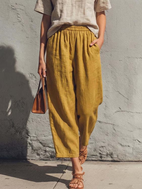 2026 New European And American Cross-border Loose Slim Linen Elastic Waist All-match Ninth Casual Pants Women