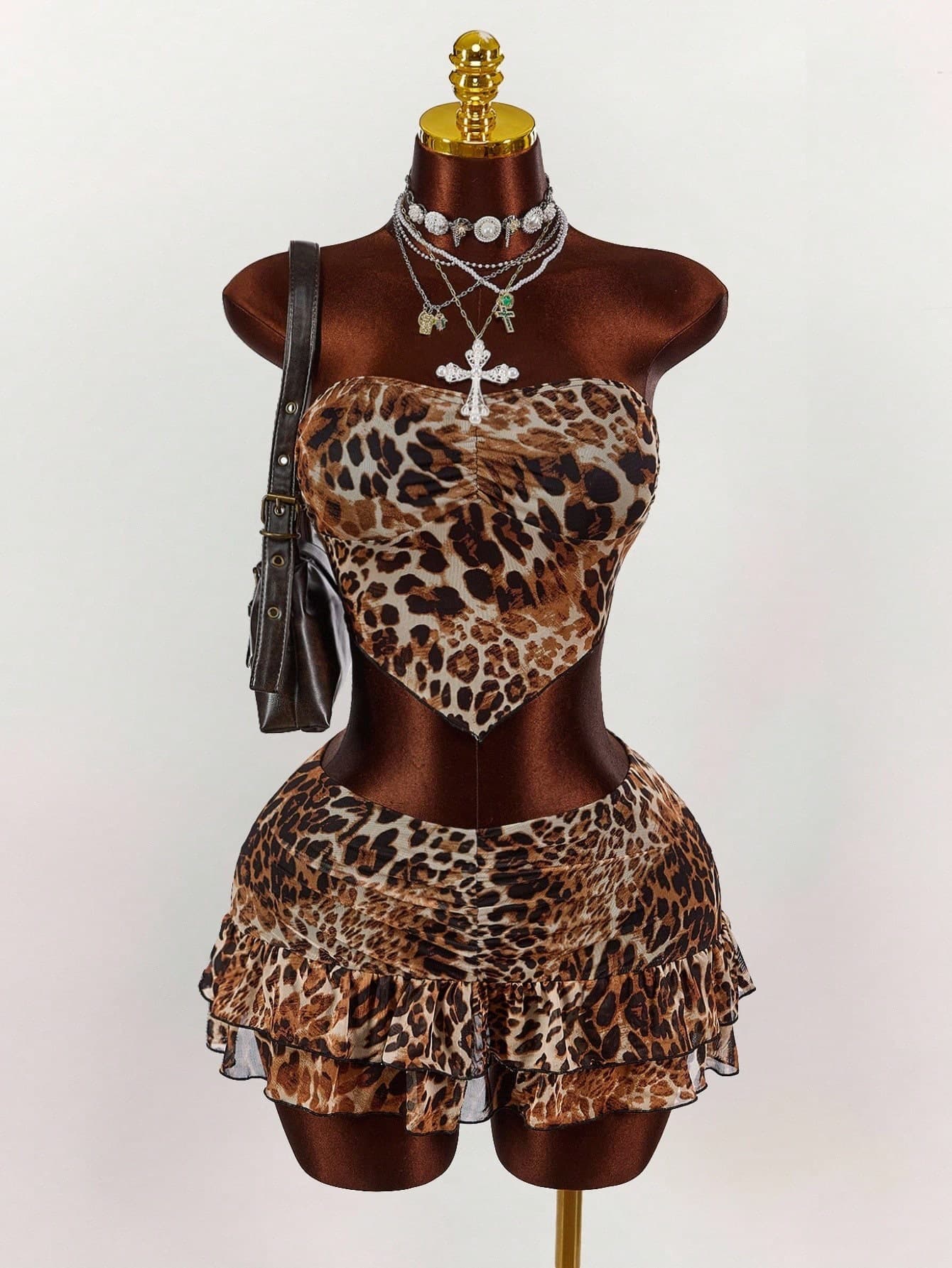 European And American New Cross-border Leopard Print Slim Sexy Short Strapless Vest Top Ruffled Skirt Suit Women