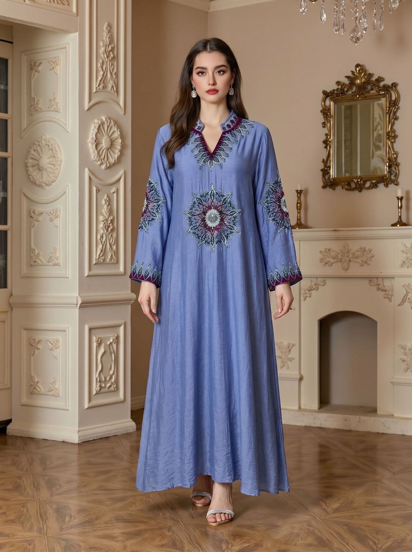 Cross-border Tk Explosion Spot Elegant Embroidery Robe Factory Wholesale Embroidered Long Dress Malaysian Clothing Robe