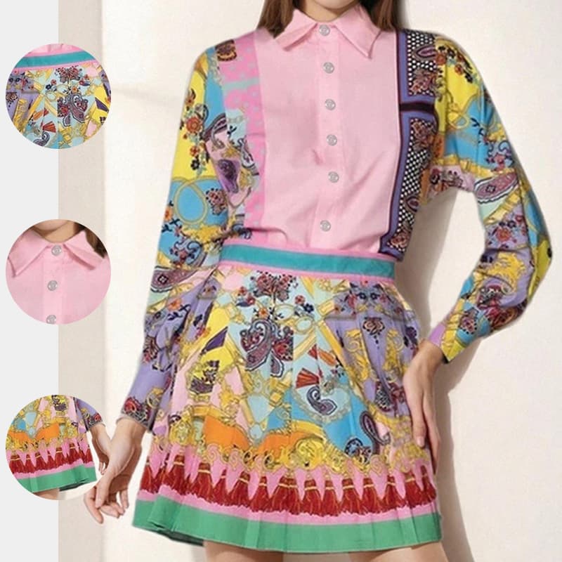 2026 New Spring Women's European And American Cross Border Fashion Set Printed Long Sleeve Shirt Top Pleated Skirt Set