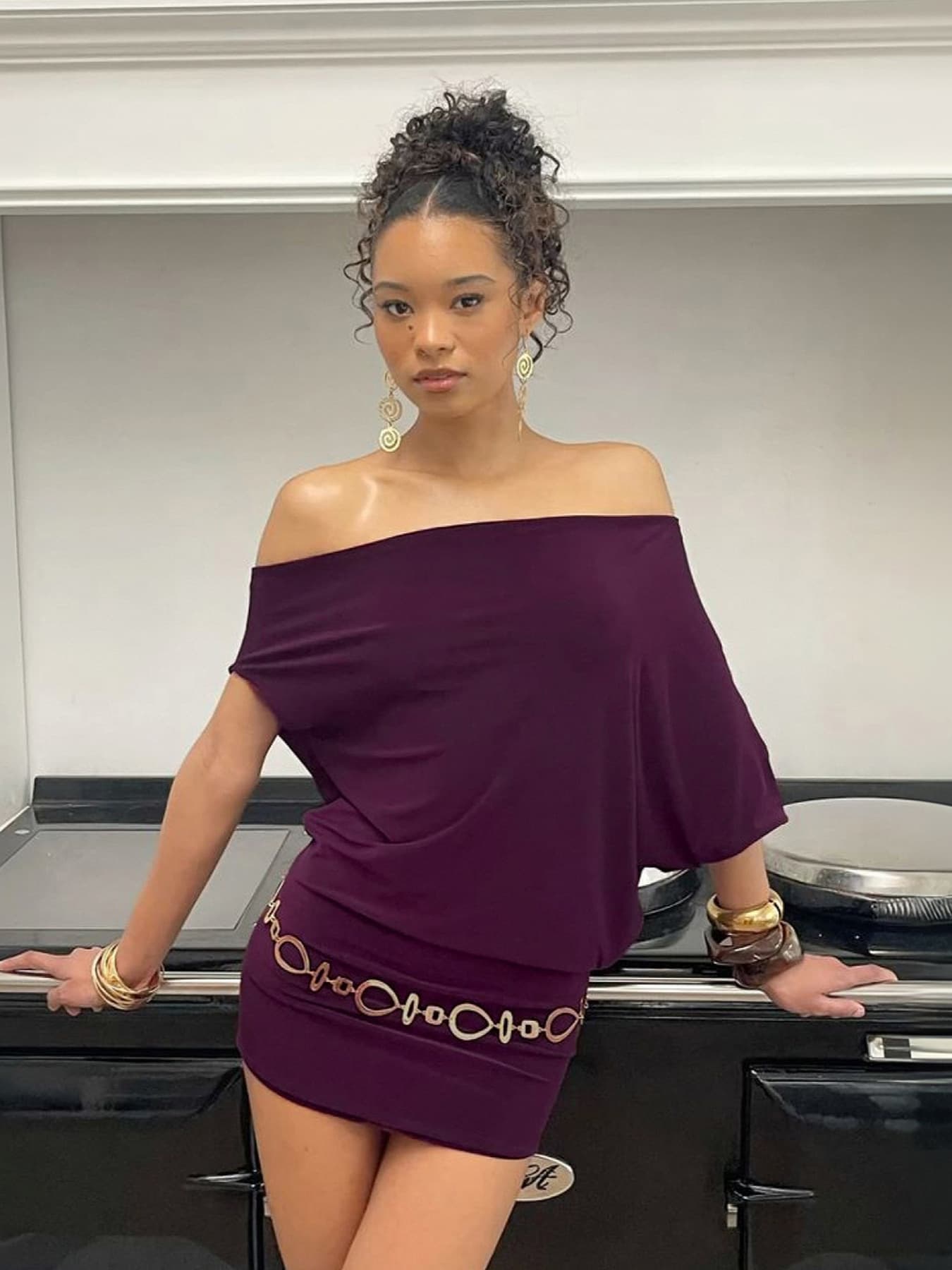 New Mature And Elegant Off-shoulder Two-wear Bat Solid Color Loose Slimming Irregular Short Drape Dress For Women