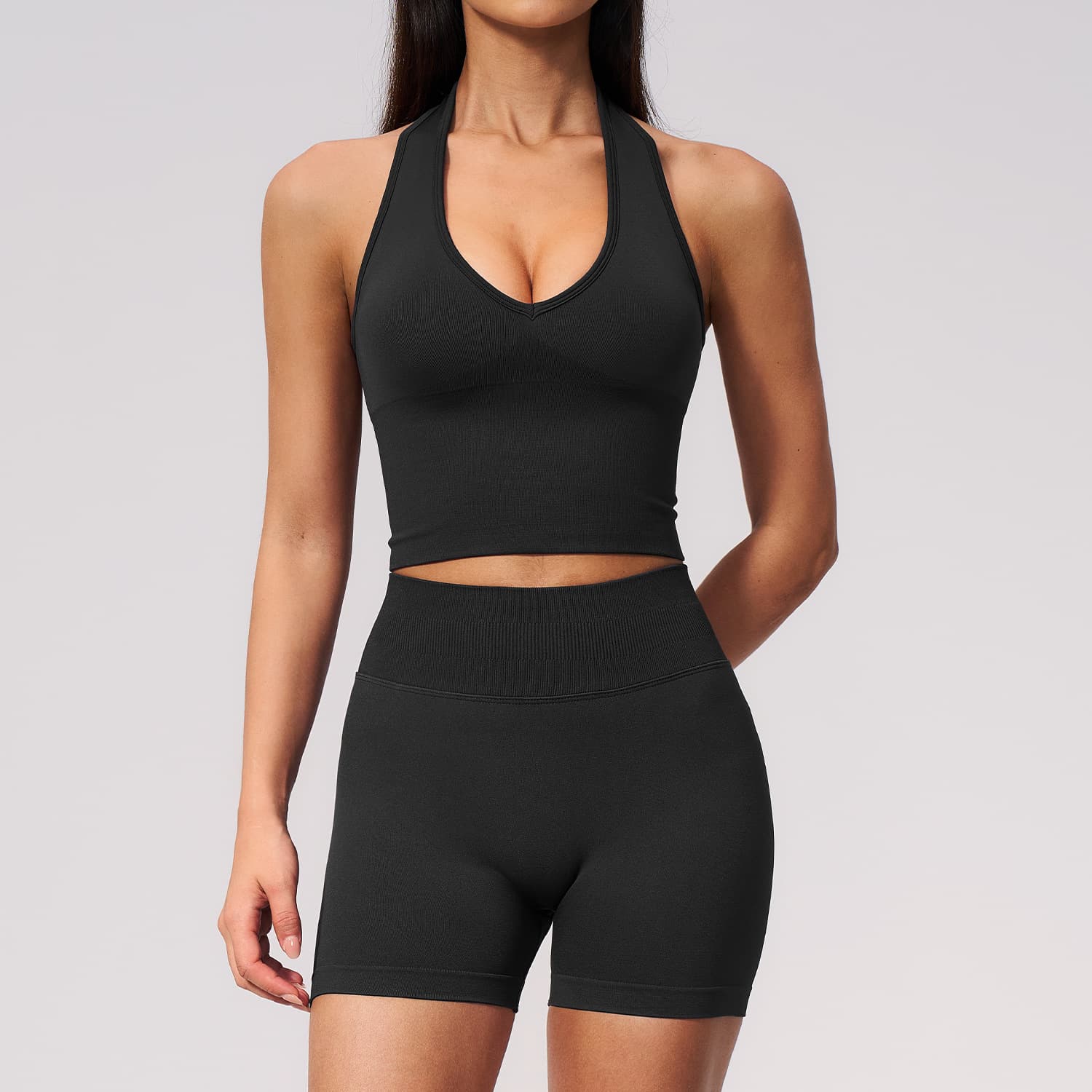 Cross-border Seamless Yoga Set Women Knit Hanging Neck V-neck Lifting Buttocks Abdominoplasty Running Fitness Exercise Set Women 7655