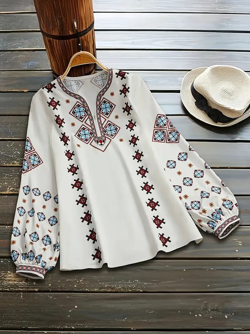 2025 Hot Amazon Cross-border European And American Ethnic Style Clothing Women V-neck Long Sleeve Printed Loose Top