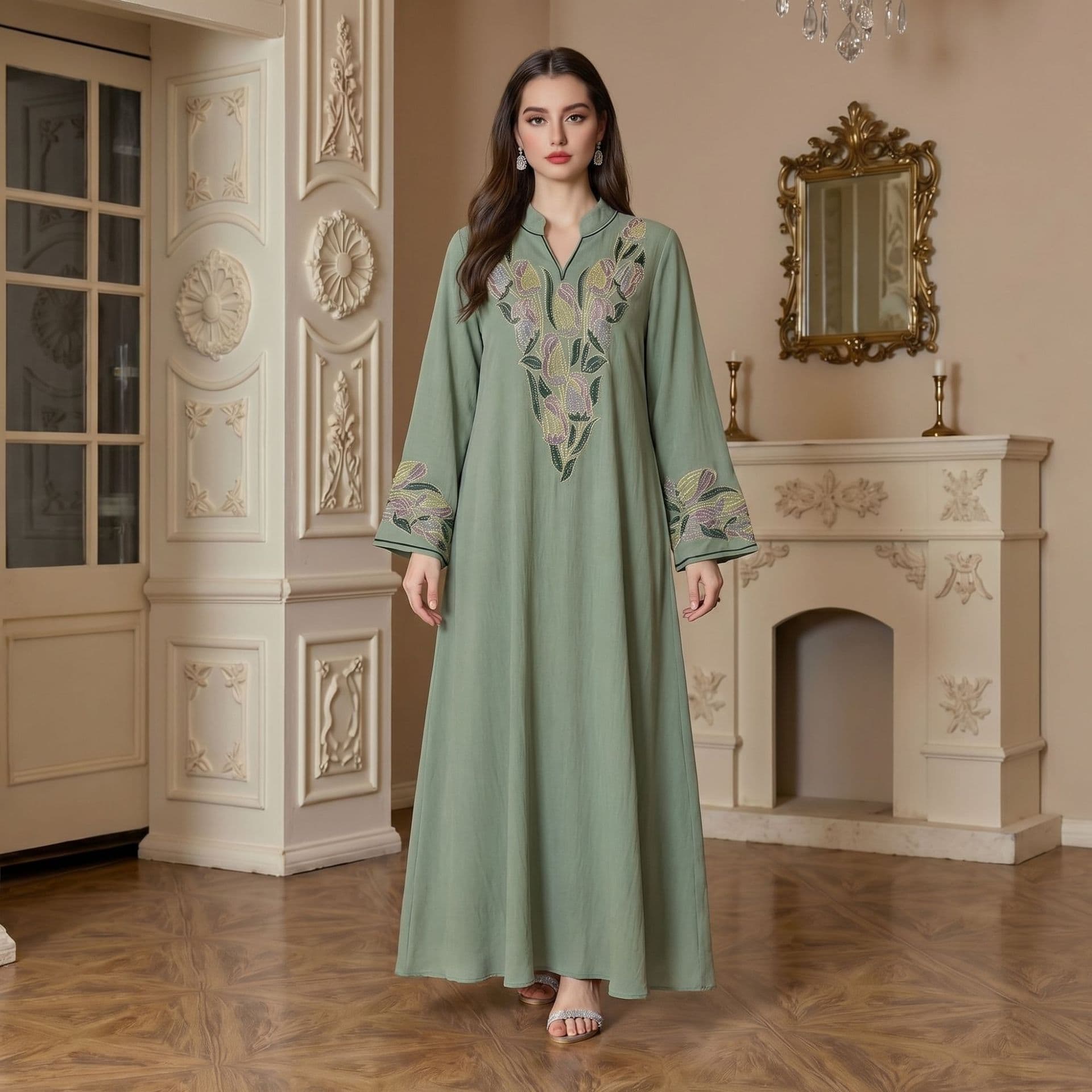 Spot Wholesale Jalabiya Nail Drill Long Skirt Source Factory New Holiday Party Abaya Print Dress