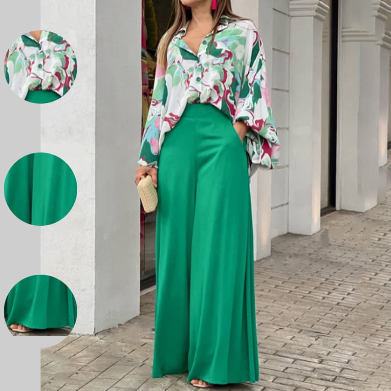 2026 New Spring Women's European And American Casual Suit Fashion Print Shirt Top Wide Leg Pants Suit Women