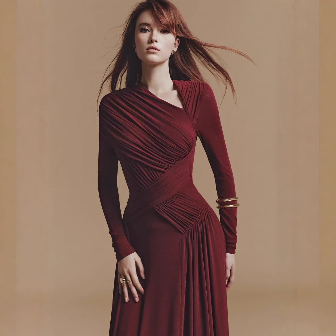 Fall/winter 2025 Vietnam Same Style Pleated Asymmetrical Cross Shoulder Long Sleeve Extra Long Dress Floor Mop Premium Dress Skirt