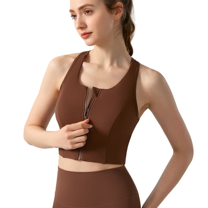 Women's Front Zipper Sport Underwear High Strength Shockproof Fitness Top Fixed Cup Integrated Yoga Vest