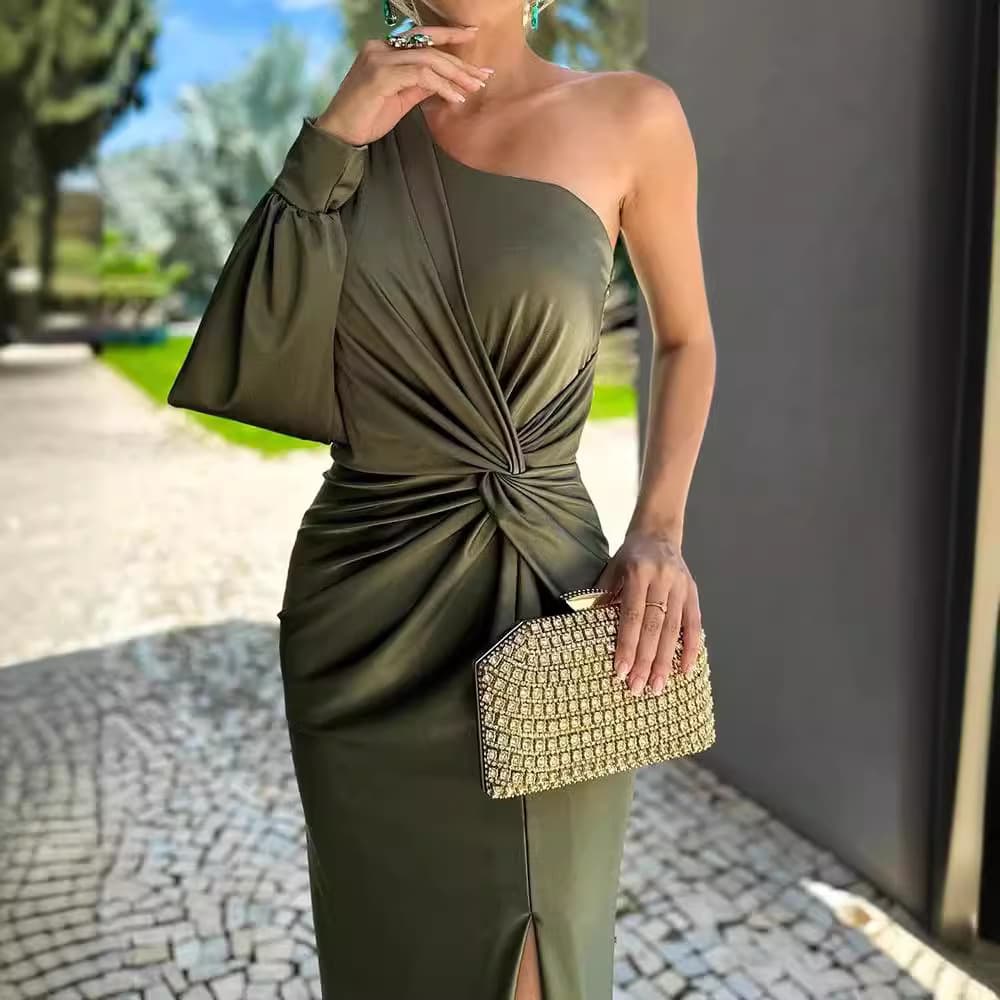 Spot Stand-alone Cross-border Hot Summer New Cross-shoulder Knotted Slit Solid Color Slim Dress