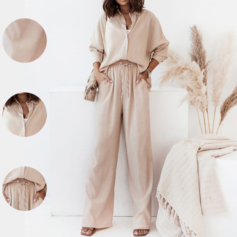 2026 New Spring Women's Cross-border European And American Fashion Suit Loose Long Sleeve Shirt Wide Leg Pants Casual Suit
