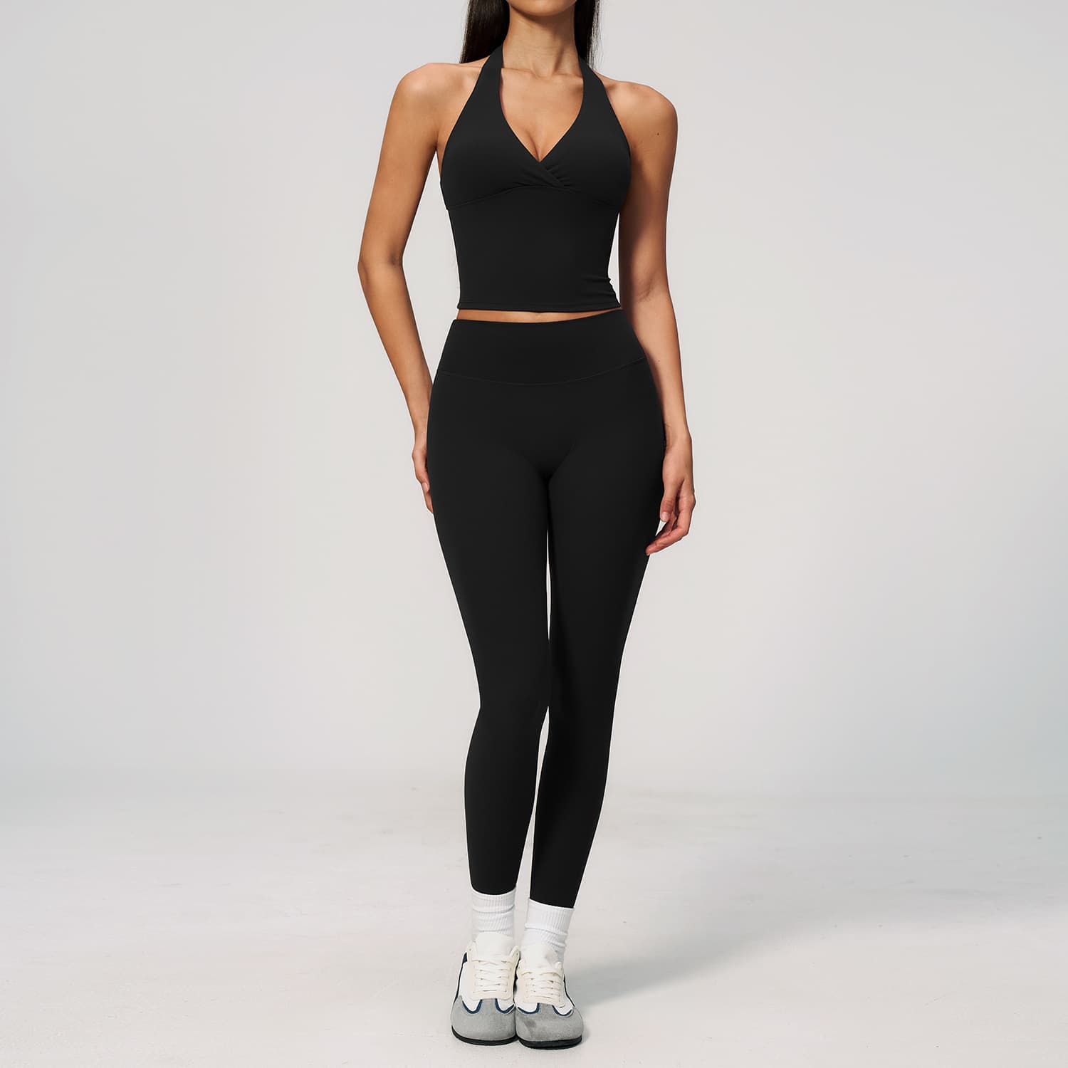 New Creamy Yoga Clothing Brushed Deep V Hanging Neck High Waist Slim Raised Hip Exercise Yoga Clothing Set Women 4208