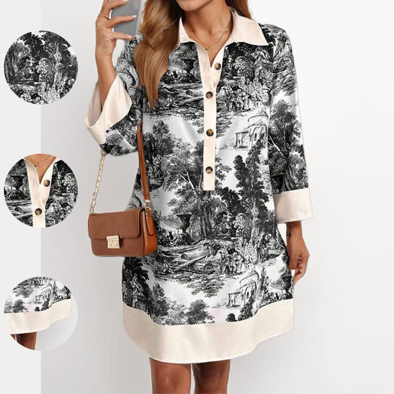 2026 New Spring Women's Cross-border European And American Dress Casual Ink Printing Lapel Short Sleeve Skirt Women