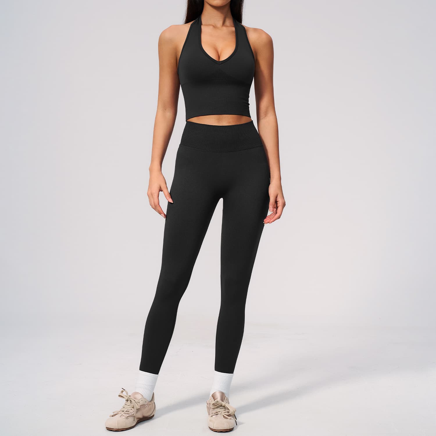 European And American Seamless Yoga Exercise Set Tight Fast Dry Absorbent High Waist Hip Yoga Pants Fitness Set Women 7655