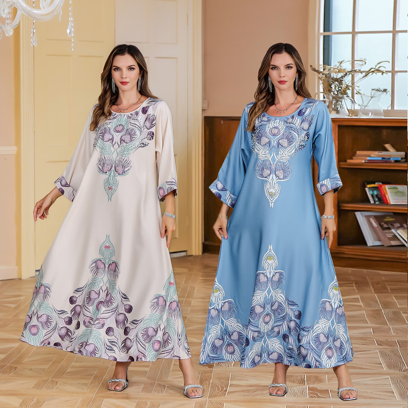 Spot Hot Diamond Printed Long Dress Factory Wholesale Ladies Elegant Dress Quadruple Elastic Sweatshirt
