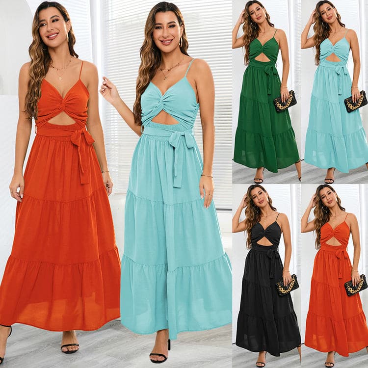 Wholesale Summer Sexy Strappy Dress Hollow Out Design Solid Color Dress