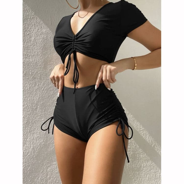New Solid Color Summer Swimsuits 2022 Drawstring Cute Girl Swimsuit