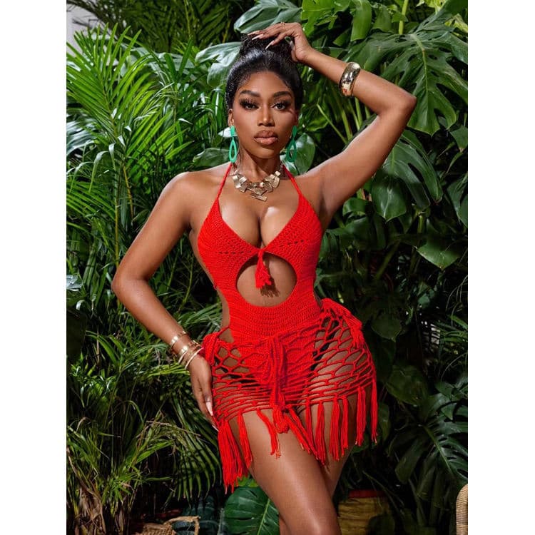 Wholesale Solid Color One Piece Crocheted Bikini Swimwear Beach Cover-Up Set Tulle Skirt Sexy Lace-Up Bikini Set