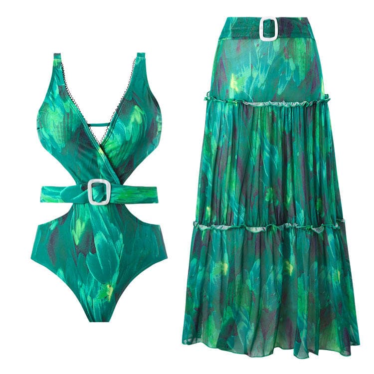 New Sexy One Piece Bikini One Shoulder Swimsuit Chiffon Beach Skirt Swimsuit Elegant Hollow Swimwear