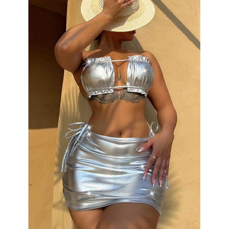 2024 Latest Solid Color Sexy Split Swimsuit Triangle Bag Swimsuit Three Piece Bikini for Women