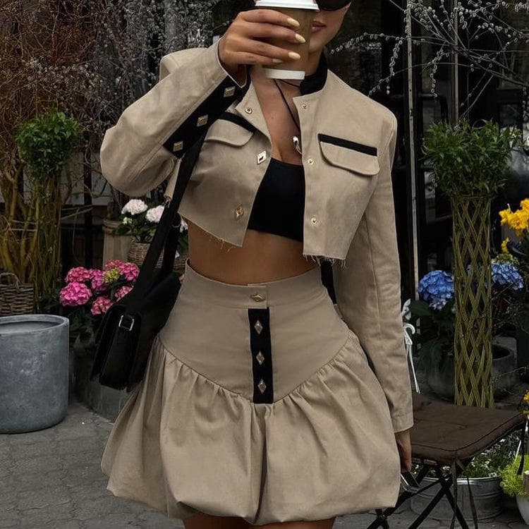 2025 Autumn New Style Lapel Khaki British Style Short Long Sleeve Navel Exposed Flower Bud Skirt Women Set