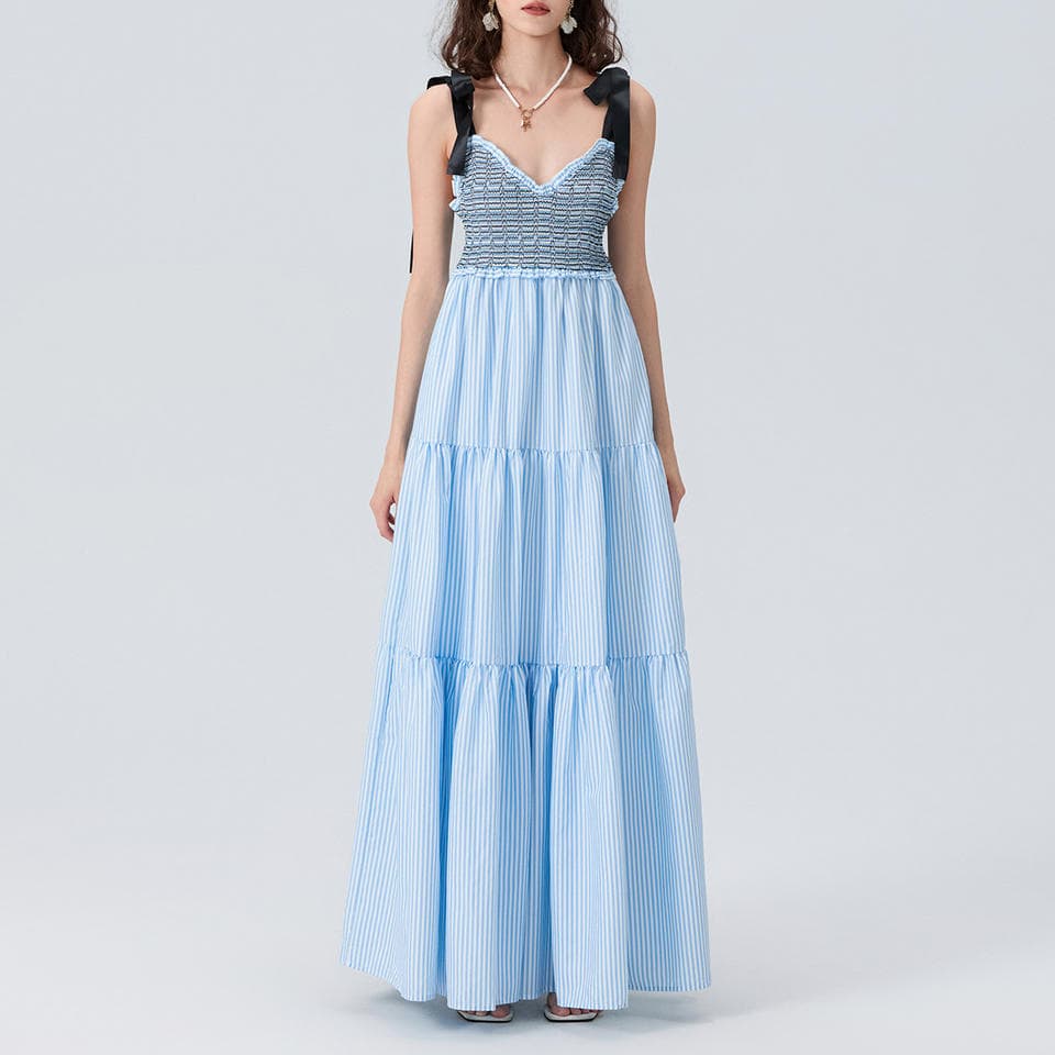 Bow Ribbon Long Skirt Wholesale Pure Color Pleated Dress Manufacturer Sleeveless Waist Skirt Factory Directly