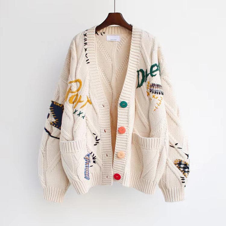 Heavy Industry Color Embroidery Fashion V-neck Medium Length Sweater Autumn/Winter Knitted Loose Coat