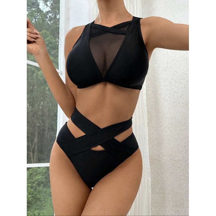 Factory Direct Solid Color Bikini New Sexy Mesh Swimsuit High Waist Hollow Bikini