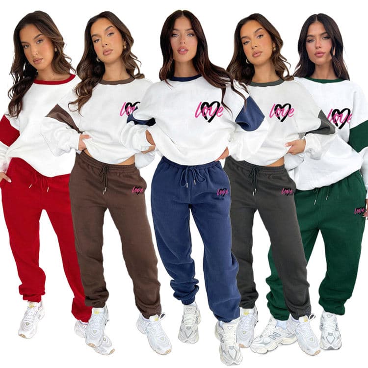 Autumn & Winter New Peach Heart Printing Leisure Suit Colorblocking Sweatshirt Women Fashion Casual Pants Set