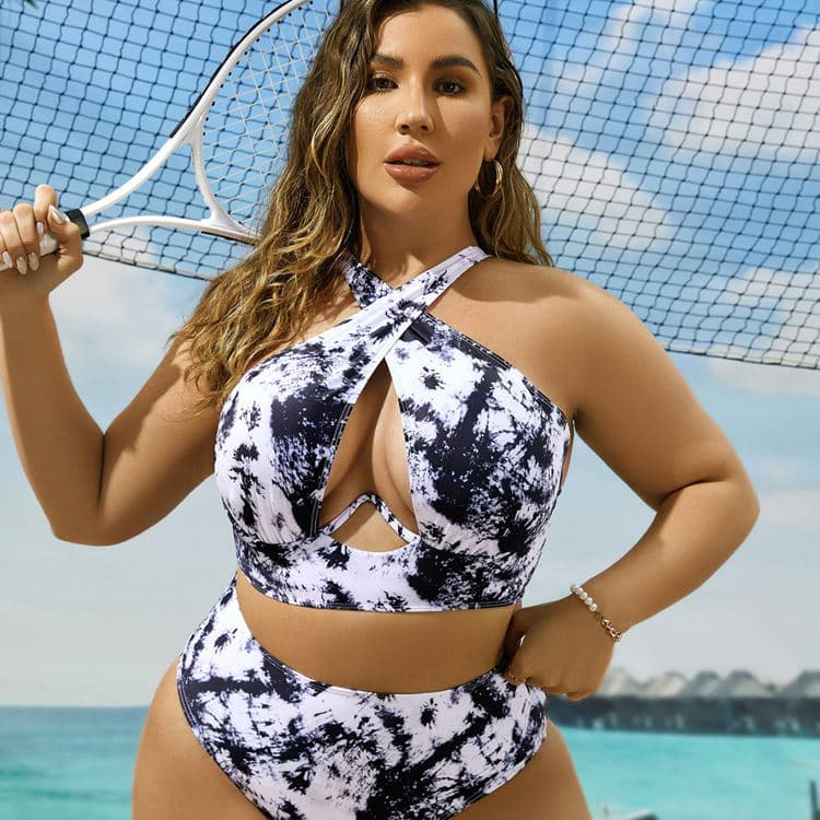 New Arrival Plus Size Tie Dye Sexy Two Piece Bikini Beach Wear Halter Swimsuit Hollow Out Swimwear