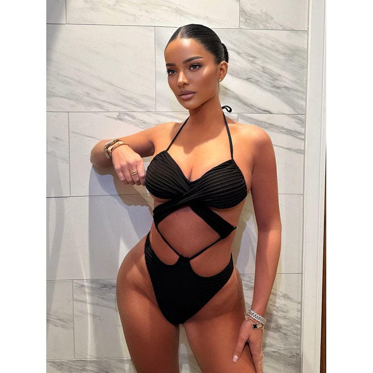 Customized Logo Bikini Swimsuit Black Sexy Hollow Beach Bikini Swimsuit High Cut Swimsuit Wholesale