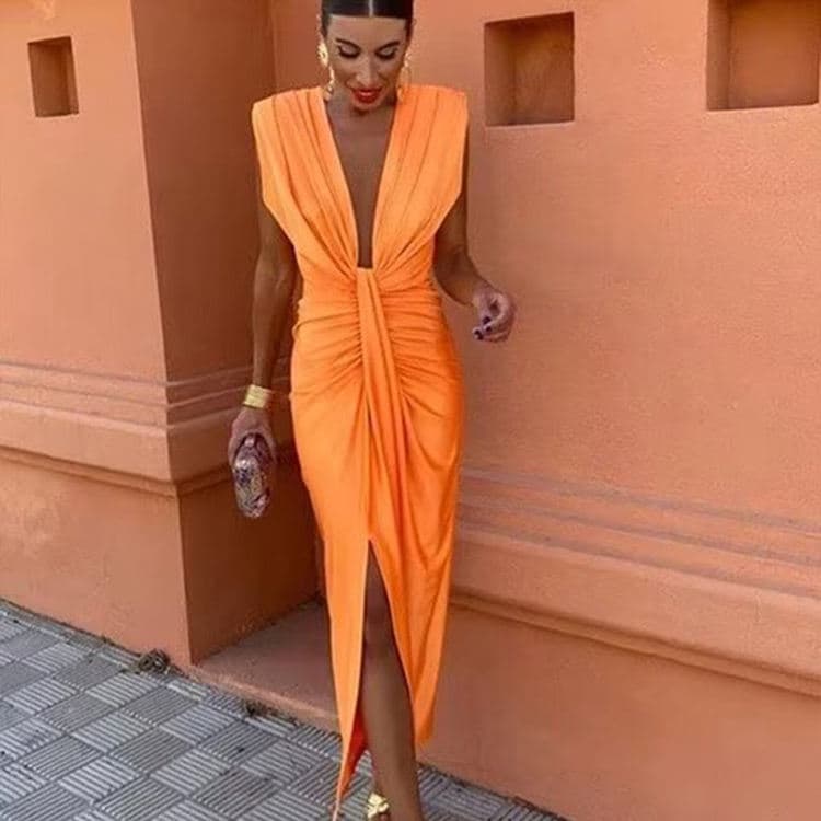 2024 Temperament Elegant Women Casual Dress Sexy Solid Color Split Dress High Waist Deep V Neck Sleeveless Dress