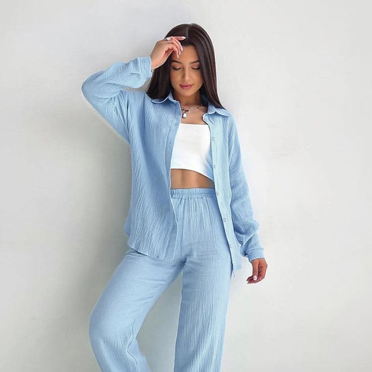Autumn Wholesale Double Layer Crepe Loose Pajamas Set Ladies Home Clothes