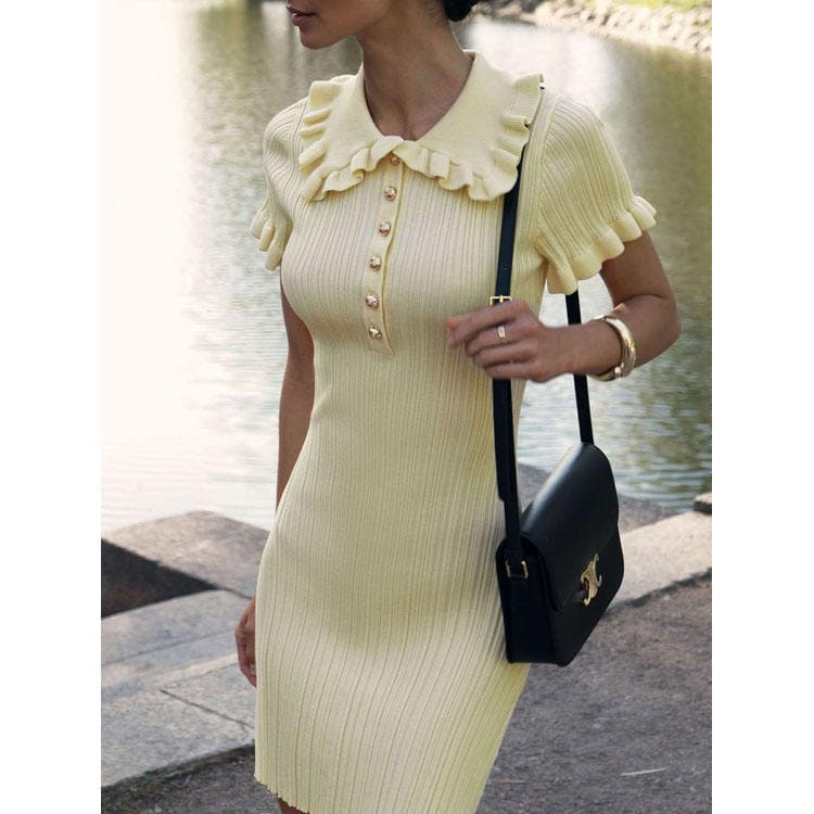 Summer 2024 New Vintage Ruffle Neckline Skinny Slim Mini Skirt Sexy Knit Dresses for Women