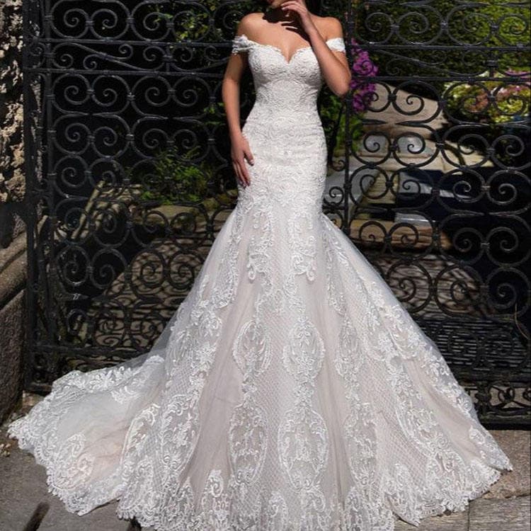 Wenshuo 2026 Summer Off Sleeve Backless Mermaid Wedding Dress With Train Retro Slim Sleeveless Wedding Dress High Quality