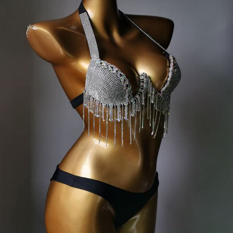 2025 Fashion Diamond Swimsuit Rhinestone Tassel Nightclub Wear Hollow Sexy Party Wear Bikini