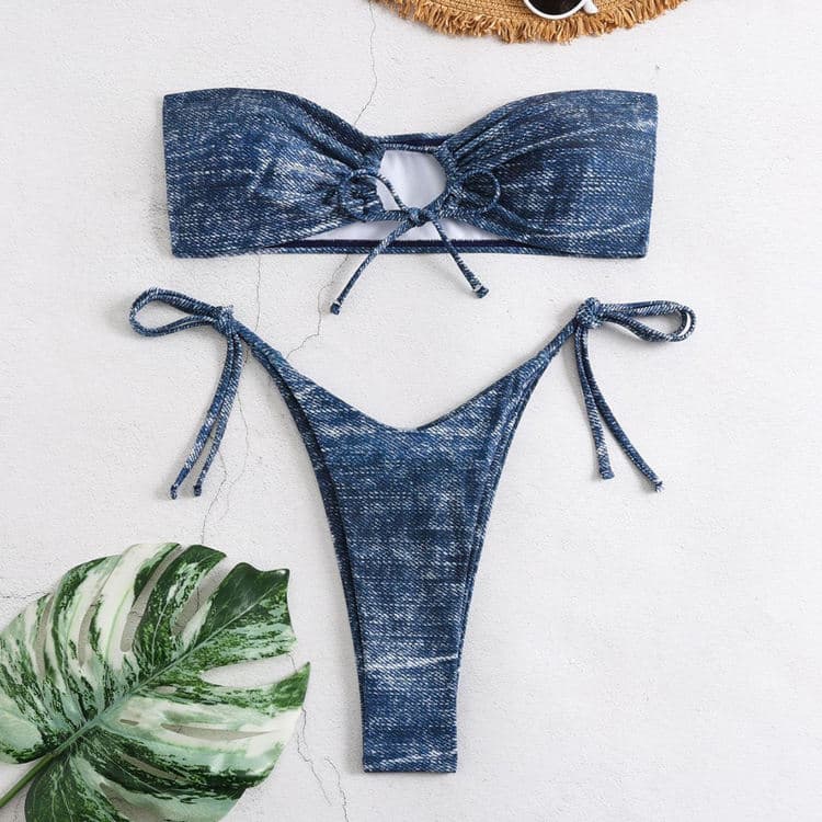 One Shoulder Denim Style Sexy Vintage Two Piece Bikini Set 2024 Retro Elegant Swimwear for Women