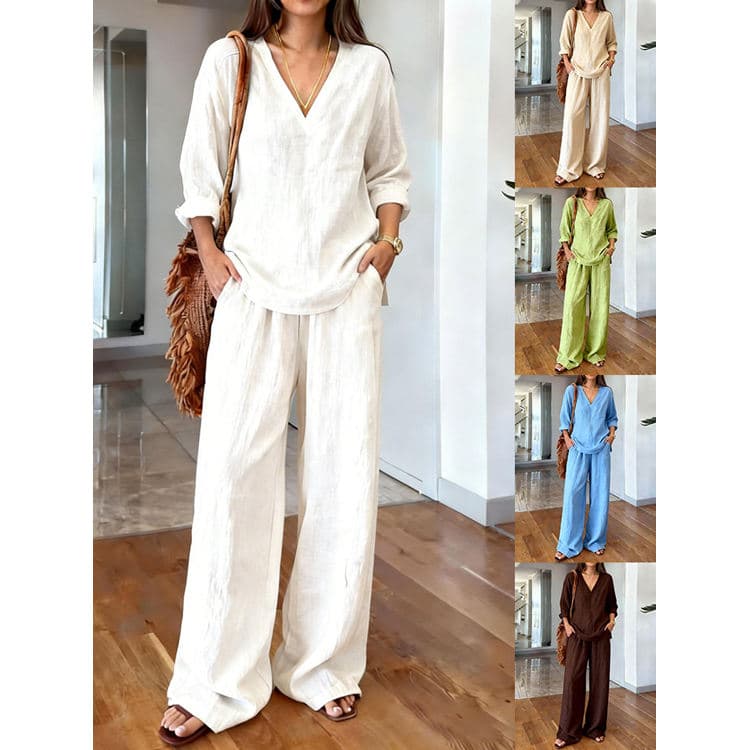 2026 New Solid Color Casual Women Fashion Washed Cotton Suit V-neck Pullover Long Sleeved Pants Suit for Women