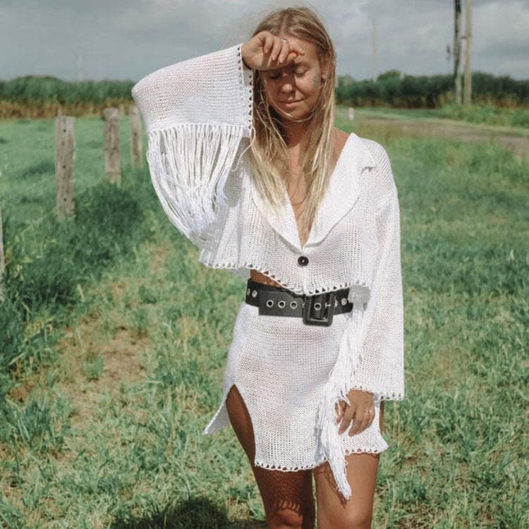 Sexy Knitted Tassel Cover Ups V Neck Sexy Beach Vacation Swimsuit Women Skirt 2 Piece Set