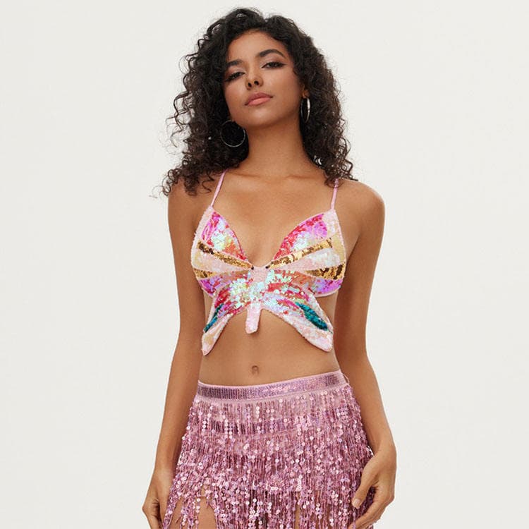 New Sexy Suspender Top Sequin Vest Shiny Contrast Party Top