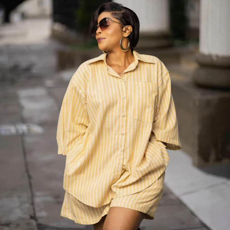 Wenshuo Short Sleeve Striped Shirt Wholesale Loose Casual Shorts Custom logo Fashion Work Suit Factory Directly