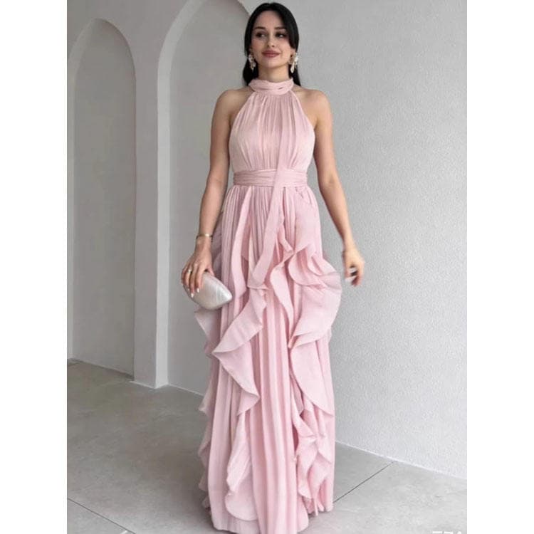 Wenshuo Halter Sleeveless Dress Private Label Solid Color Ruffled Dress Custom logo Elegant Pleated Dress Manufacturer
